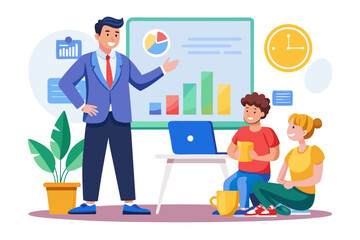 Flat vector icon of a business trainer giving a financial presentation with a dollar sign on a board in front of an audience. Perfect for illustrating concepts such as business training, investment ed