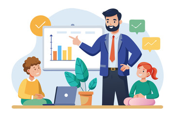 Flat vector icon of a business trainer giving a financial presentation with a dollar sign on a board in front of an audience. Perfect for illustrating concepts such as business training, investment ed