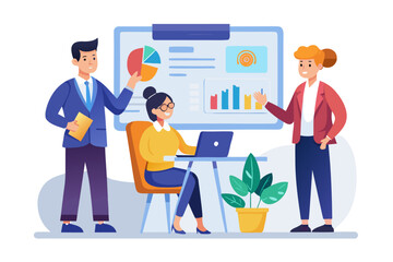 Flat vector icon of a business trainer giving a financial presentation with a dollar sign on a board in front of an audience. Perfect for illustrating concepts such as business training, investment ed