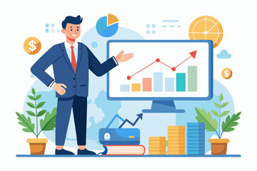 Flat vector icon of a business trainer giving a financial presentation with a dollar sign on a board in front of an audience. Perfect for illustrating concepts such as business training, investment ed