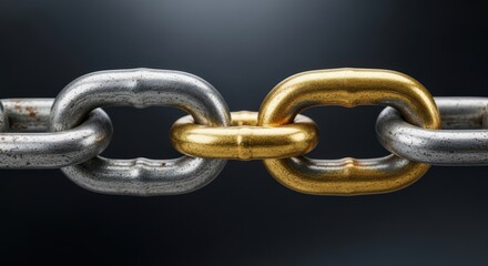 Metal chain with a gold link symbolizes strength and connection in dark scene