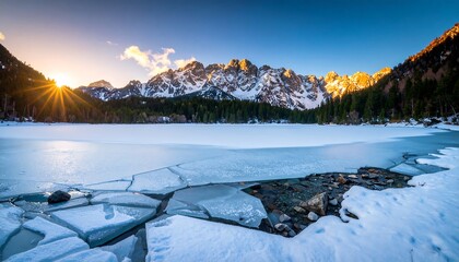 Frozen lake at sunrise with snow-capped mountains