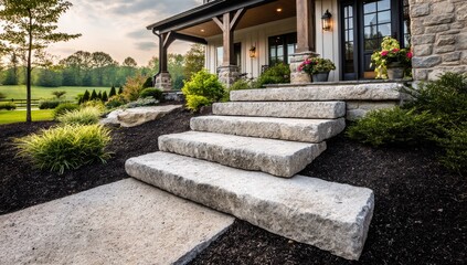 Fototapeta premium Gray granite steps leading to a home's front porch.