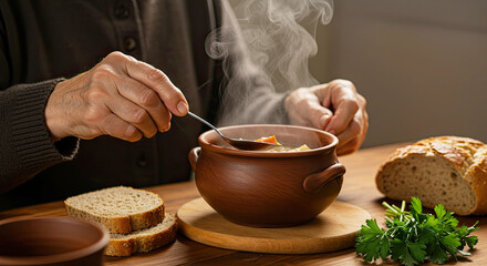 Senior Hands Serving Warm Homemade Soup with Love. Traditional Family Meal Prepared by Older Person. International Day of Older Persons