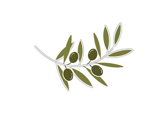 Minimalist floral line drawing of an olive branch with green leaves and fruit, a simple botanical symbol of peace and nature
