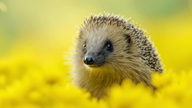 Curious hedgehog with soft quills in yellow flowers, spring nature scene cute wildlife mammal foraging wildflower meadow, gentle light, soft focus