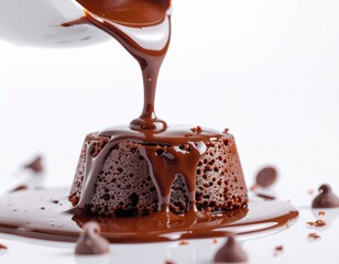 Pouring Melted Chocolate Over Dessert on White Background