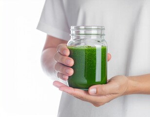 Hand Holding Green Vegan Smoothie in Glass Jar on White Background