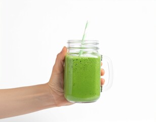 Hand Holding Green Vegan Smoothie in Glass Jar on White Background
