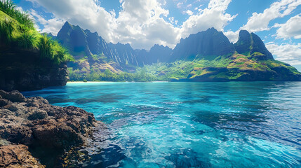 美しい南国の無人島の入り江のイメージイラスト風景