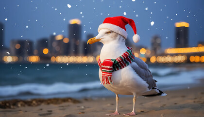 Festive Seagull on a Winter Beach