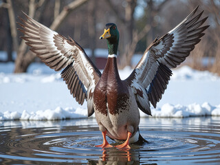 Duck spreading wings near pond, frozen motion capture,A duck spreading wings captures vitality and the energy of nature.
