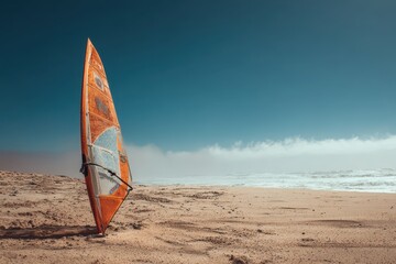 Weathered orange windsurf sail on a vast sandy beach with ocean waves and blue sky