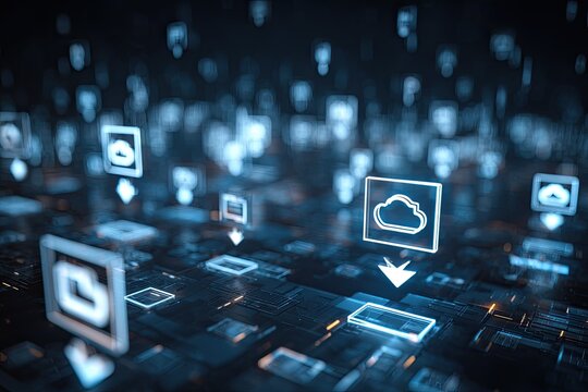 Abstract digital illustration of cloud computing.  Data transfer icons float over a circuit board-like surface