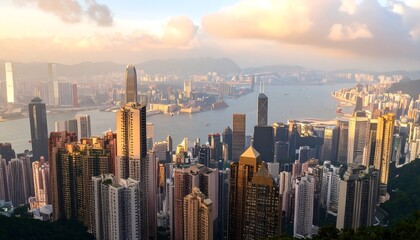 Panoramic view of Hong Kong city at sunset
