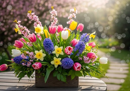 A vibrant arrangement of tulips, hyacinths, daffodils, and flowering branches in a wooden box, bathed in spring sunlight.
