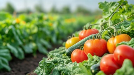 Field of vibrant vegetable crops like tomatoes, cucumbers,  on blurred background