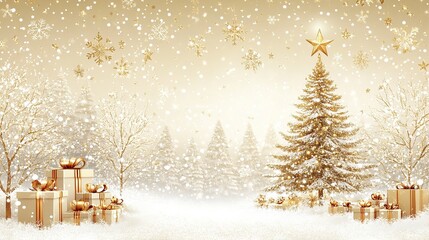 Elegant Gold Christmas Scene with Christmas Tree, Gifts, and Stars on White Background - Ideal for Book Pages, Presentations to Create Enchanting Atmosphere