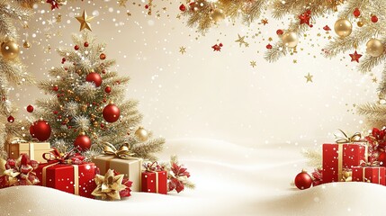 Elegant Gold Christmas Design with Christmas Tree, Gifts, and Stars on White Background, Ideal for Book Pages, Presentations to Create Enchanting Atmosphere