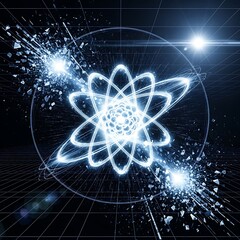 A glowing atomic structure explodes in a vibrant, dynamic display of energy against a dark backdrop.