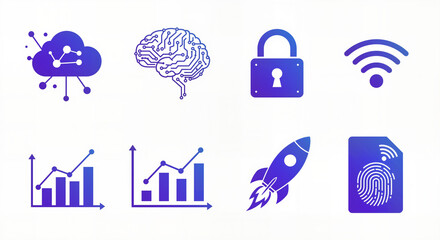 Abstract Business Technology Icons Representing Cloud Computing Artificial Intelligence Cybersecurity Wireless Networks Financial Growth and Innovation on an Isolated White Background