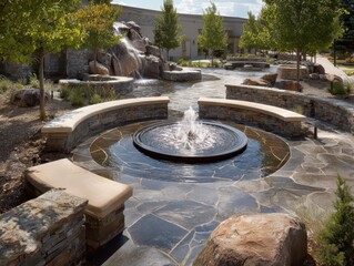 Landscaped public plaza with a circular water fountain, stone benches, and a rock waterfall.