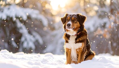 A dog sits in snowy forest, sunlit