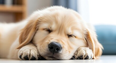Closeup of a golden retriever puppy sleeping on the floor in a bright room