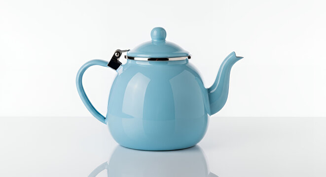 A pastel blue enamel teapo