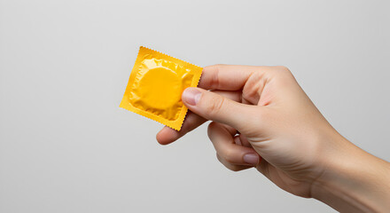 Hand holding yellow condom packet, symbolizing safe sex, contraception, and sexual health awareness on a white background