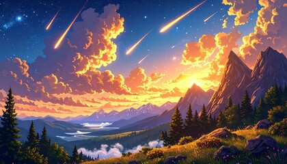 Sunrise over mountain valley, pixel art