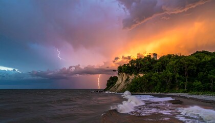 Dramatic coastal sunset with storm clouds and lightning