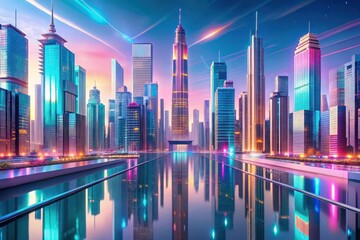 Obraz premium Futuristic Cityscape at Dawn Vibrant Towers Reflecting in Still Water, a Vision of Modern Architectural Design