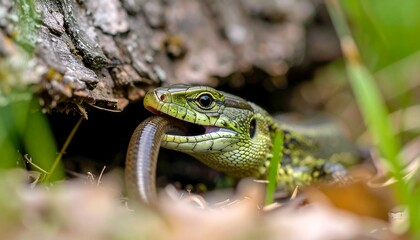 European green lizard feeding on a slow worm in its natural habitat