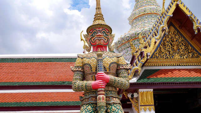 Close-up of a demond statue for protection in a temple in Bangkok, Thailand