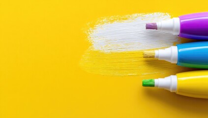 Colorful paint markers on a bright yellow surface.