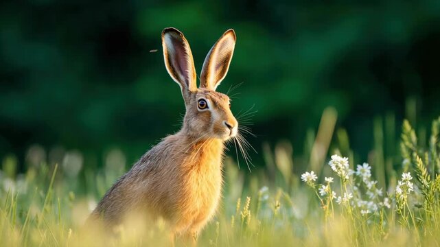 Wild rabbit hare wildlife mammal animal herbivore with whisker and ear sunrise soft light foraging wildflower meadow grass and flowers spring nature