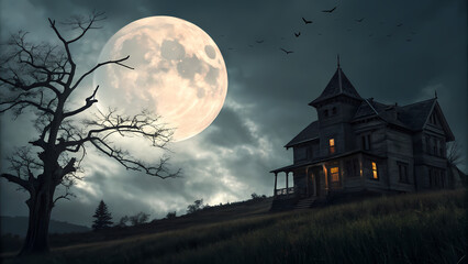 Fototapeta premium Spooky Mansion: Halloween Night, Full Moon, Creepy House Scene