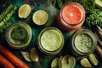 Four vibrant, healthy juices in glass jars, surrounded by fresh produce
