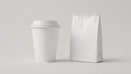 Blank white coffee cup and food packaging mockup on a plain light gray background.