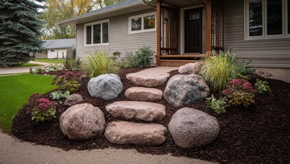Stone steps and landscaping leading to a home's entrance.