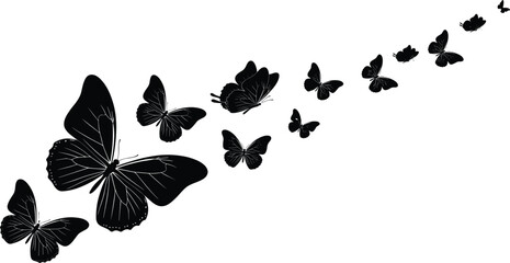 Butterflies flying diagonally in black silhouette vector art, graceful motion with size variation for nature-inspired decorative design