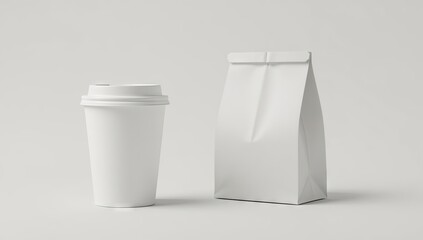 A blank white coffee cup and paper bag, showcasing simple, clean design elements against a neutral backdrop.