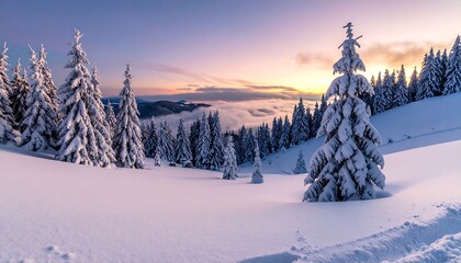 Snowy mountain landscape at sunset