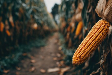 Path through a cornfield, ripe golden corn cobs hanging