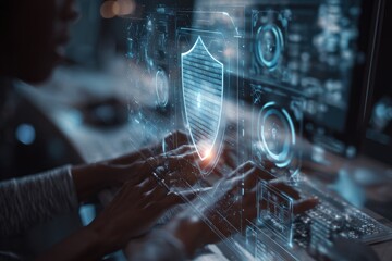 Person typing on keyboard, holographic shield overlay