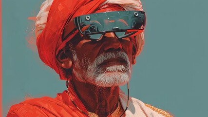 Futuristic elderly man wearing traditional turban and robe with advanced augmented reality glasses blending cultural heritage and modern technology striking portrait showcasing innovative technology - Powered by Adobe