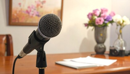 Close-up microphone on wooden desk
