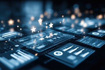 Abstract digital interface with glowing data visualizations and stars
