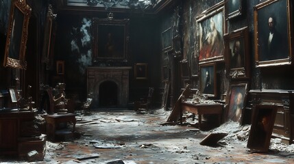Obraz premium Ruined Gallery: A Somber, Dust-Covered Masterpiece